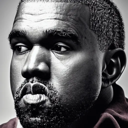 Image similar to the face of older kanye west wearing yeezy clothing at 5 0 years old, portrait by julia cameron, chiaroscuro lighting, shallow depth of field, 8 0 mm, f 1. 8