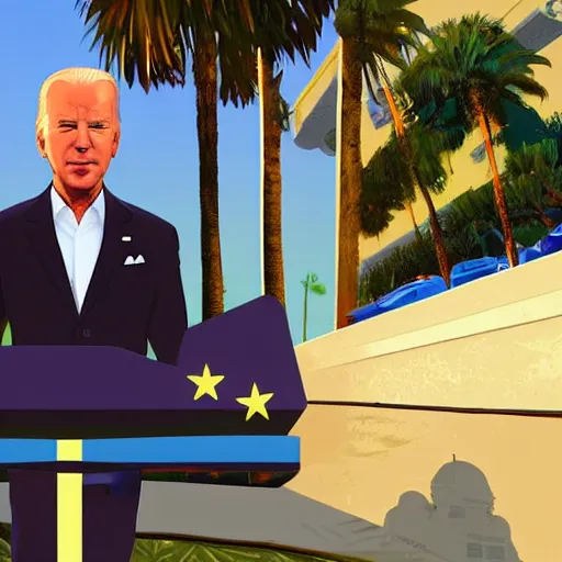 Image similar to Joe Biden in GTA V. Los Santos in the background, palm trees. In the art style of Stephen Bliss