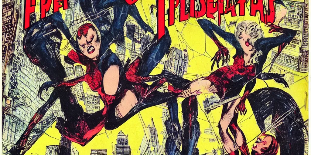 Image similar to portrait of a extremely frightened beautiful spider girl vintage comic book cover, by will eisner, joe kubert, neal adams, jack davis, carmine infantino, curt swan, nick cardy, dc comics, 1 9 6 8, dramatic, noir, creepy, surreal, weird, incredible, photo real