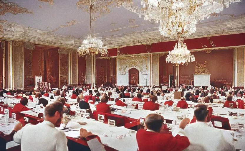 Prompt: 60s movie still of a CCCP congress in a stalinist style palace, by Irving Penn , cinestill 800t 35mm eastmancolor, heavy grainy picture, very detailed, high quality, 4k, HD criterion, precise texture