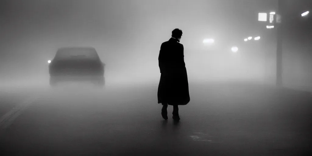 Image similar to a noir film scene, single character, car, mist, foggy, mysterious, monochrome, by yoji shinkawa