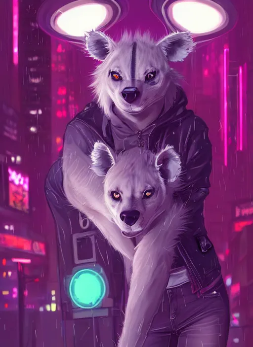 Image similar to beautiful portrait commission of a female furry anthro hyena fursona wearing skaterpunk clothes. Cyberpunk city at night in the rain. Neon light. Atmospheric. Character design by charlie bowater, ross tran, artgerm, and makoto shinkai, detailed, inked, western comic book art