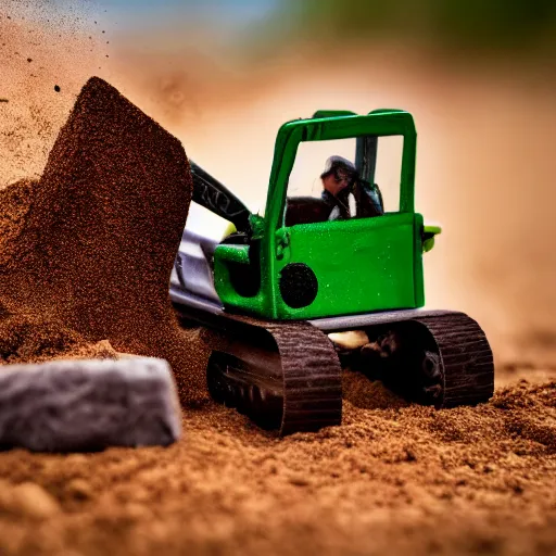 Image similar to toy excavator riding on dirt, 3 3 mm close up photo