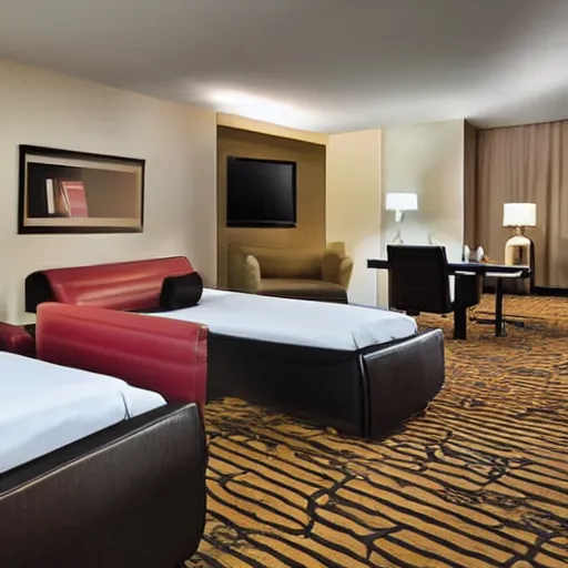 Prompt: a beautiful 2 floor las vegas hotel suite, epic features, with sad geeks on computers having a party