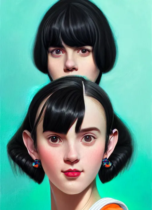 Image similar to portrait of high school girl, realistic, black hair, bangs, half updo hairstyle, pointy nose, skinny, smile, ugly, defined jawline, big chin, teal hair bow, earrings, intricate, elegant, glowing lights, highly detailed, digital painting, artstation, sharp focus, illustration, art by wlop, mars ravelo and greg rutkowski