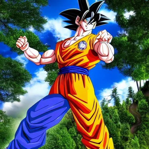 Image similar to photorealistic Goku wall paper in a forest beautiful scenery