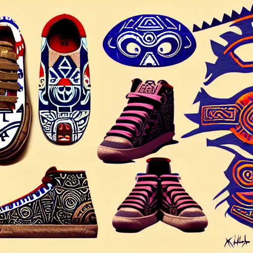 Image similar to detailed sneaker design concept art, aztec mayan street fashion native punk sneaker design, majora's mask, wearing wooden mask, hip hop sneaker design with subtle mayan patterns, gapmoe yandere grimdark, trending on pixiv fanbox, painted by greg rutkowski makoto shinkai takashi takeuchi studio ghibli, akihiko yoshida