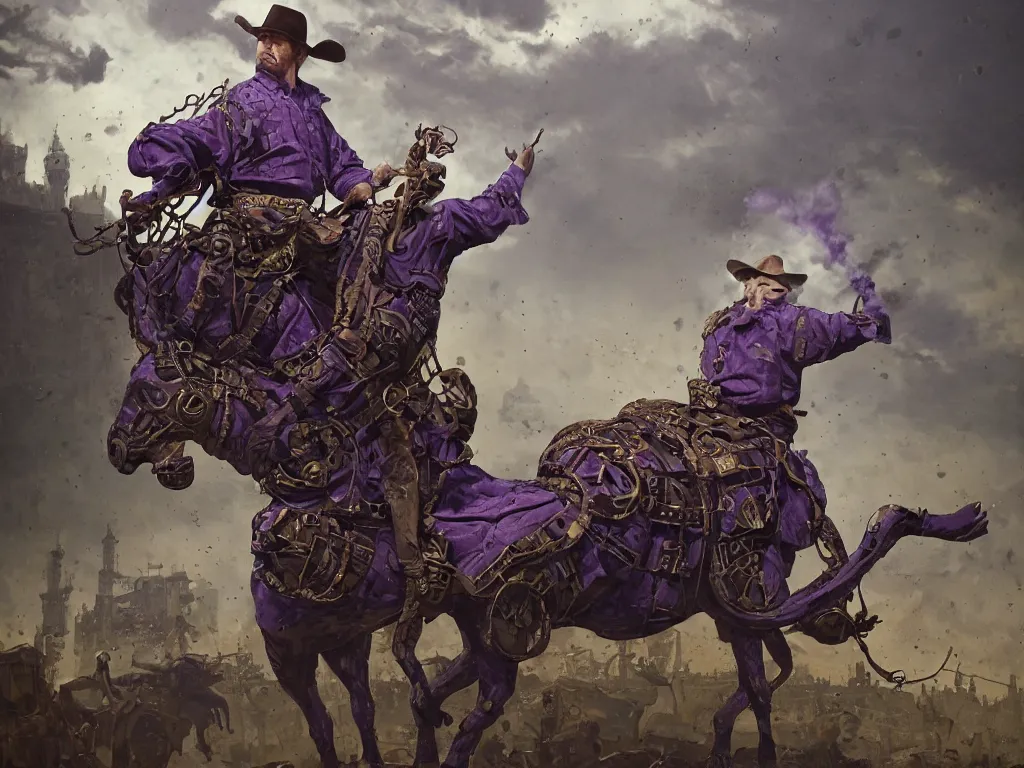 Image similar to cowboy snake oil salesman in purple green medieval armour riding a locomotive steam bull with dollar bill print skin, by Greg Rutkowski, 8K, hyper detailed, realistic, by onesal, by sixnfive , behance 3d , studio photography DSLR, Photoreal epic composition