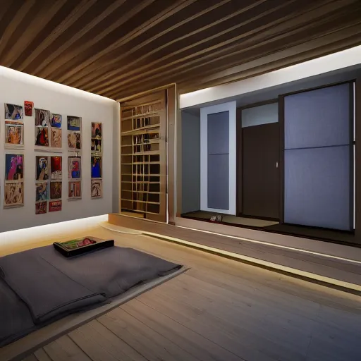 Image similar to modern futuristic interior home design, Japanese wooden house with many art drawings on the wall, photorealistic, ultra-detailed, 4k high resolution, HDR shot, cinematic lighting