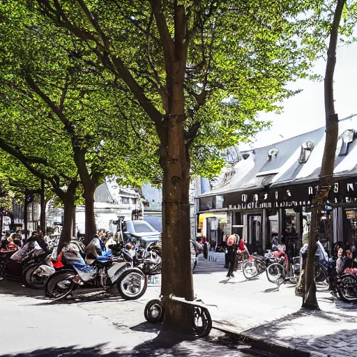 Prompt: people sit outside a a parisian cafe. cars and motorbikes area parked on a street parallel to it. a silver birch tree is in the foreground an it is a sunny afternoon