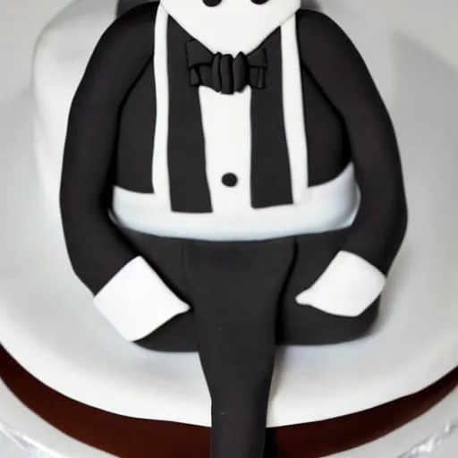 Image similar to anthropomorphic cake wearing a tuxedo, holding his hand out, facing viewer