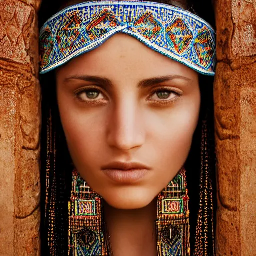 Image similar to portrait of a stunningly beautiful middle eastern tribal female, depth of field, zeiss lens, detailed, symmetrical, centered, fashion photoshoot, by Annie Leibovitz and Steve McCurry, David Lazar, Jimmy Nelsson, Breathtaking, 8k resolution, extremely detailed, beautiful, establishing shot, artistic, hyperrealistic, beautiful face, octane render