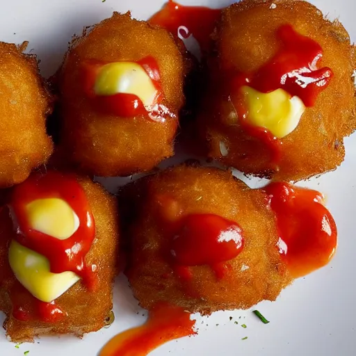 Image similar to food photo of channing tatum's face as tater tot on a plate with ketchup