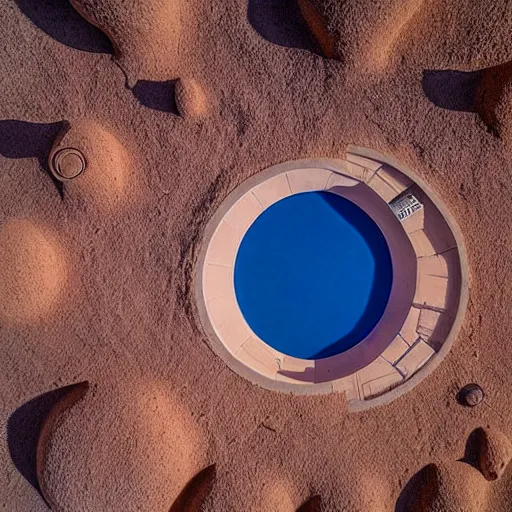 Image similar to a Non-Euclidean orb-like clay building sitting in the desert, vintage photo, beautiful cinematography, blue sky, film grain, aerial view, extreme wide shot, far away, symmetrical, in the distance, James Turrell