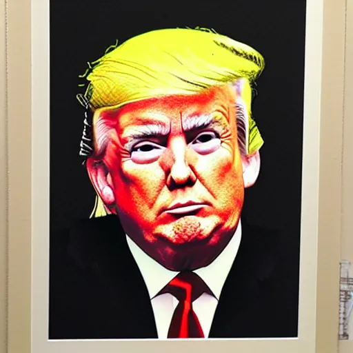 Prompt: trump portrait but it's paper made from classified documents by banksy