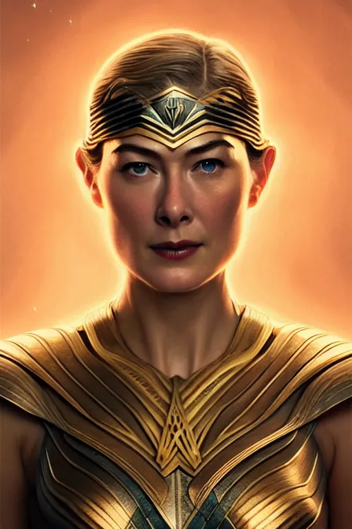 Prompt: young rosamund pike portrait as wonderwoman, art deco, fantasy, intricate art deco designs, elegant, highly detailed fractals, sharp focus, art by artgerm and beeple and greg rutkowski and wlop