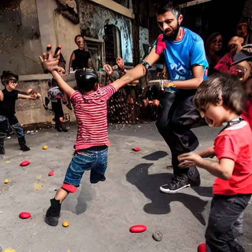 Prompt: kids throwing beans at a kid who has massive crucifixes for his arms, a DJ plays in the background