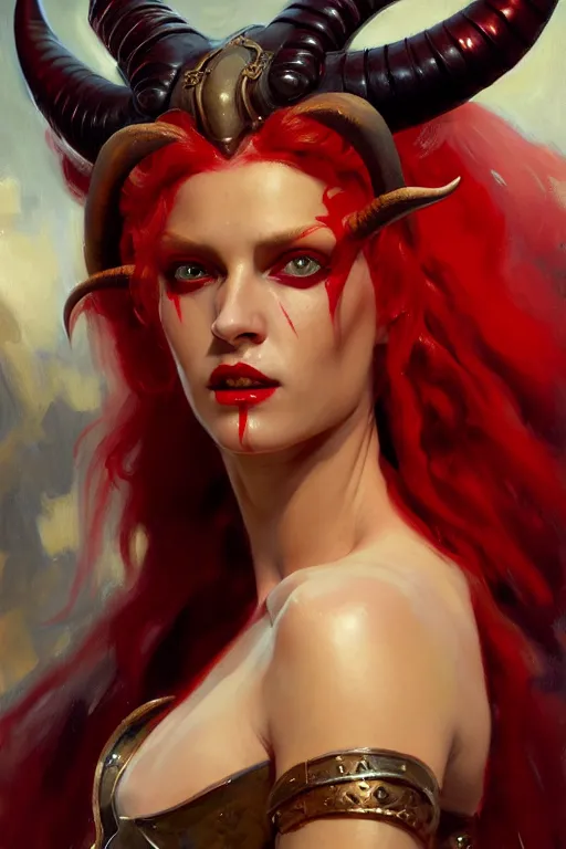 Prompt: painted close - up portrait of a very attractive red - skinned intimidating demon alien girl with ram horns! oil painting, wearing a noblewoman's outfit, fantasy art by john singer sargent and gaston bussiere and james jean and greg rutkowski, demon noble character design, hd