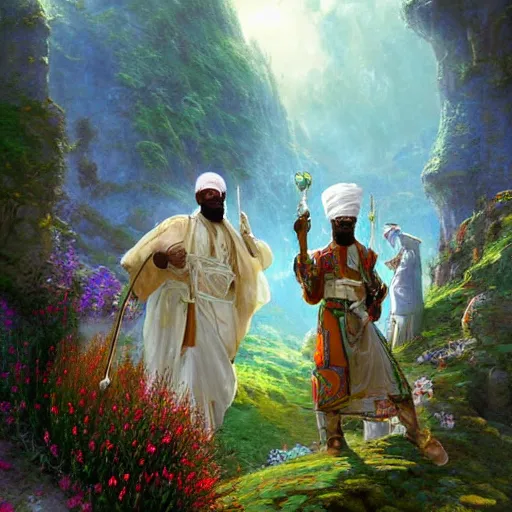 Prompt: african moors wearing white robes and intricate turbans in the valley of the kings, vibrant flowers, steampunk technology by dariusz zawadzki zdislaw beksinki and thomas kinkade, green poisonous fog