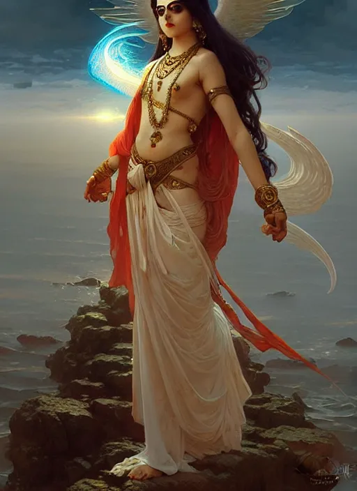 Prompt: : a beautiful cinematic krishna archangel fantasy sea landscape, fantasy magic, dark light night, intricate, elegant, sharp focus, illustration, highly detailed, digital painting, concept art, matte, art by WLOP and Artgerm and Greg Rutkowski and Alphonse Mucha, masterpiece