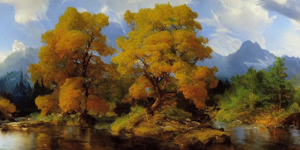 Prompt: single maple tree growing in grand cayon, stream, thomas moran, oil painting, highly detailed, masterpiece