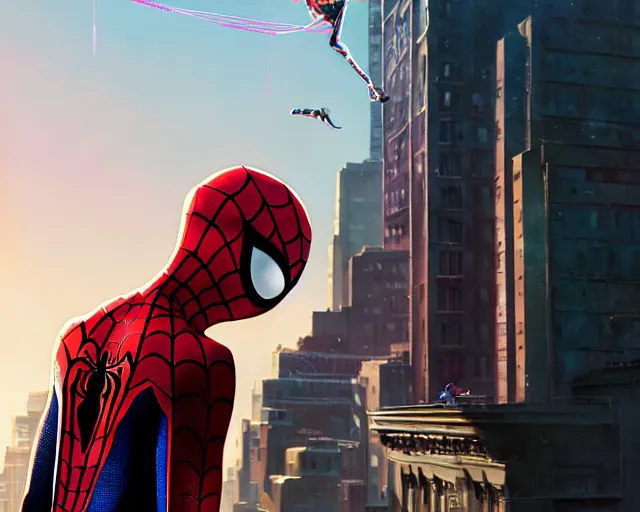 Image similar to highly detailed portrait of andrew garfield, in spider - man : into the spider - verse, stephen bliss, unreal engine, fantasy art by greg rutkowski, loish, rhads, ferdinand knab, makoto shinkai and lois van baarle, ilya kuvshinov, rossdraws, tom bagshaw, global illumination, radiant light, detailed and intricate environment