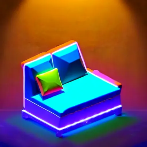 Prompt: isometric object is a low poly isometric sofa with alien aesthetic inspired by pandora in the avatar movie, it has bioluminescent plants growing on top of it, beautiful neon orange - yellow with blue hints and it's bedecked with some sparkling crystals all over the place. black background, night isometric artstation neon. behance, pinterest