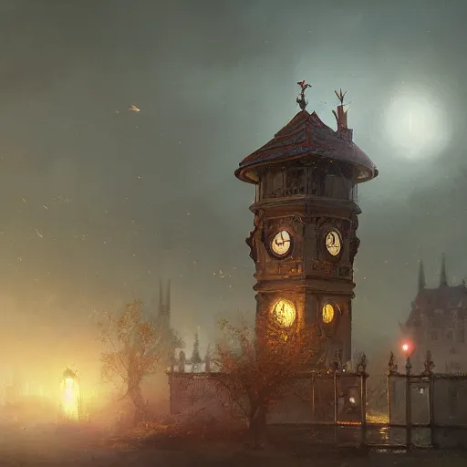 Prompt: clock house, magical world, by greg rutkowski, sung choi, photo realistic, 8 k, cinematic lighting, hd, atmospheric, hyperdetailed, trending on artstation, devainart, digital painting, glow effect