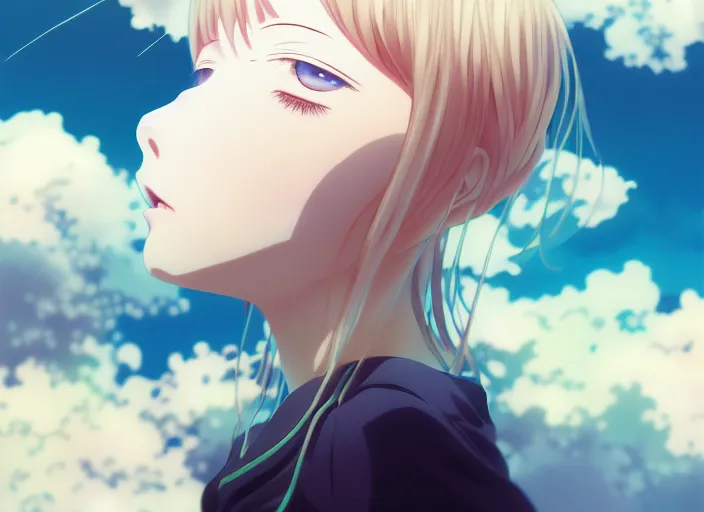 Image similar to anime a young a girl floating inside clouds,ink, Karolis Strautniekas,omoide emanon, tsuruta kenji, murata range,kawaii, kyoto animation, manga, intricate, detailed, studio lighting, gradation,editorial illustration, matte print, Ilya Kuvshinov