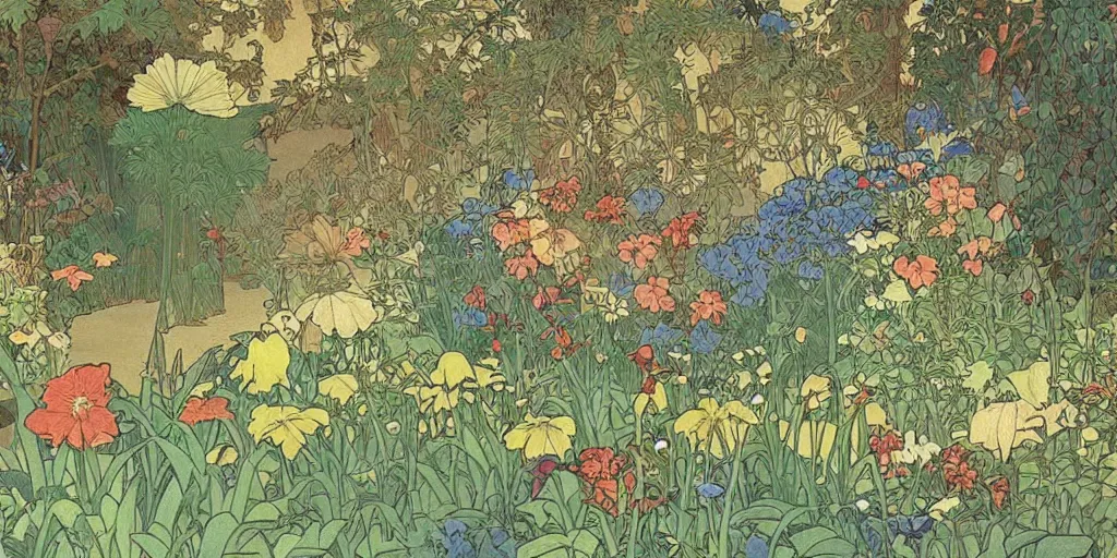 Image similar to an illustration of a beautiful garden, isometric view, painted by moebius and james jean and alphonse mucha