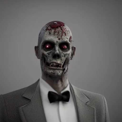 Image similar to an ultrarealistic portrait of a zombie in a tuxedo at a job interview, photorealistic, 4 k, hd, unreal engine, octane render, digital art, chiaroscuro, in the style of ansel adams, trending on artstation,