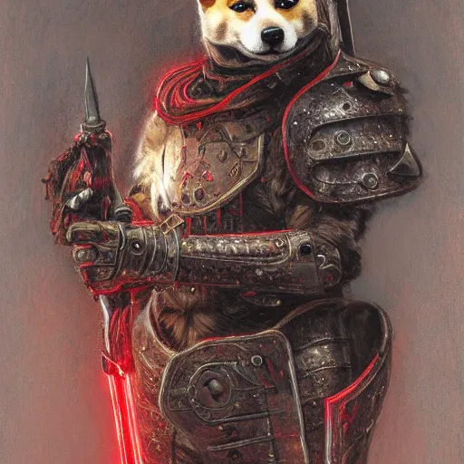 Image similar to anthropomorphic shiba inu, berserk anime guts armor and two hand guts sword, red light aura, fantasy, dark, portrait art by donato giancola and greg rutkowski, realistic face, visible aura, digital art, trending on artstation, symmetry