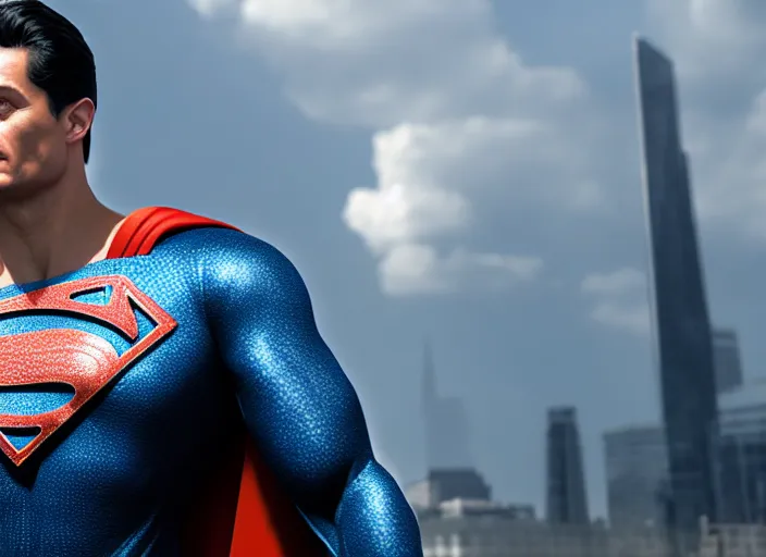 Image similar to zelensky fused with superman, ultra realistic 4 k unreal engine very cinematic render with ray tracing bloom ambient occlusion strong reflections