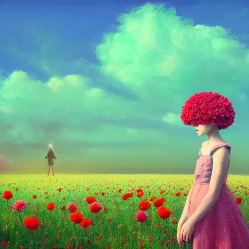 Image similar to head made of carnations flower, girl standing in a vast flower field, surreal photography, sunrise dramatic light, impressionist painting, colorful clouds, large sky, digital painting, artstation, simon stalenhag, flower face