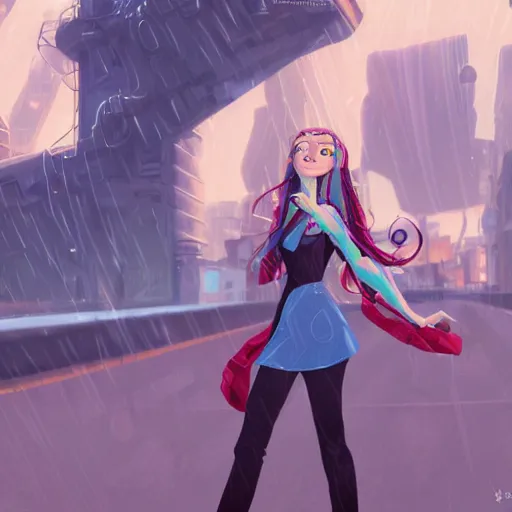 Image similar to a cute 2 0 years old girl with long curly blonde hair, with blue eyes, in a cyberpunk setting, artstation, elegant, highly detailed, digital painting, concept art, smooth, sharp focus, illustration, art by don bluth and michel ocelot and makoto shinkai and tom whalen and atey ghailan and akihiko yoshida