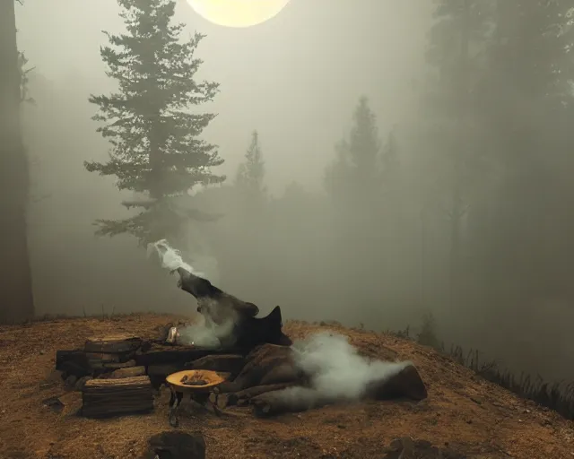 Image similar to spartan drinking tea at campfire with trichocereus background and smoke haze, wolf howling at full moon, photo in the style of the celestine prophecy