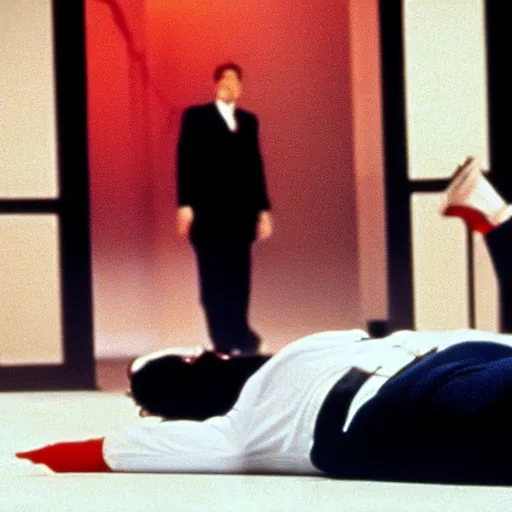 Image similar to Donald Trump laying dead on the floor in American Psycho (1999)