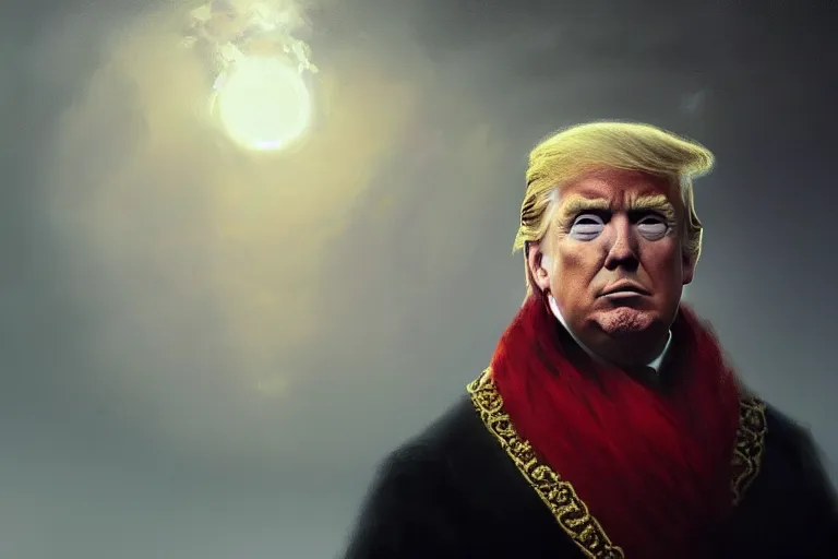 Image similar to Portrait of Donald Trump, dark makeup, dark crown with magical ruby, painting by Ivan Aivazovsky and Greg Rutkowski, artstation, fantasy, intricate, beautiful, cinematic, octane render, arnold render, 8k, hyper realism, detailed, sharp focus, 4k uhd, masterpiece, award winning