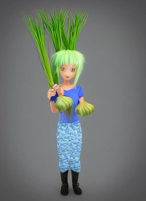 Prompt: 1992 japanese 3D render of a blue haired girl holding a leek. simple background