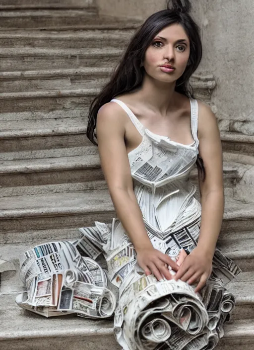 Image similar to a portrait of a beautiful young woman paper mache wrapped and made of newspaper, sitting relax and happy, marble stairs on the the background hyper realistic, 8 k,