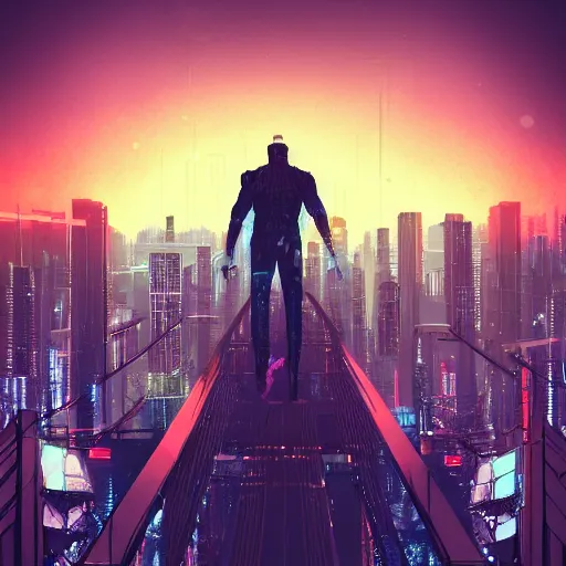 Image similar to a man standing on top of a bridge over a city, cyberpunk art by Vincent Lefevre, behance contest winner, altermodern, cityscape, synthwave, matte painting