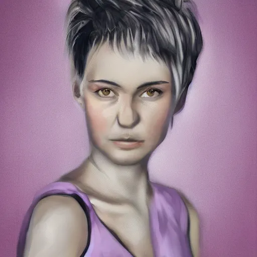 Image similar to portrait of a young woman with short pink spiky hair, and dark eyes 8 k, digital paint