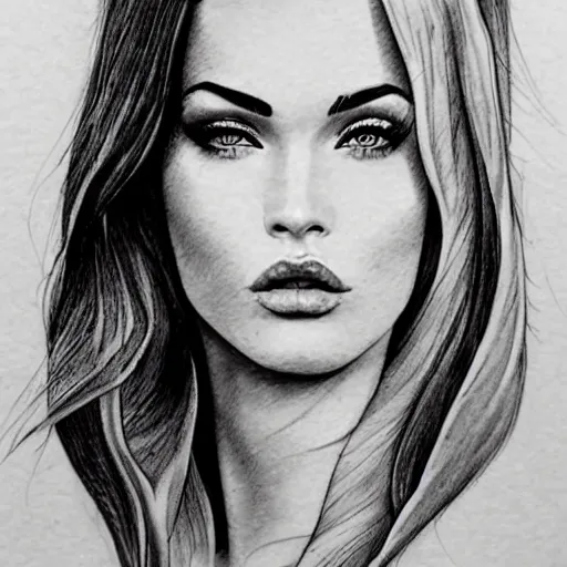 Image similar to realism tattoo sketch of double exposure megan fox with beautiful mountain scenery, in the style of andrey lukovnikov