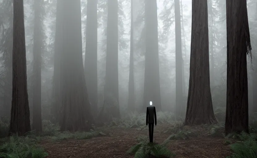 Prompt: faceless Slenderman standing in the forest, redwood sequoia trees, ominous foggy environment, best of artstation