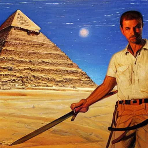 Image similar to painting of a man cutting wood in front of egypt pyramids, painted by drew struzan