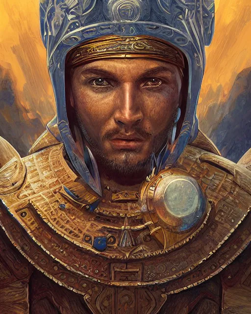 Prompt: digital painting of a mayan knight by filipe pagliuso and justin gerard, symmetric, fantasy, detailed, intricate, portrait, sharp focus, tarot card, handsome, gwent