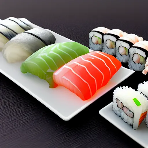 Image similar to seafood sushi, gummy sushi, 3d unreal engine, gelatin, jelly sushi