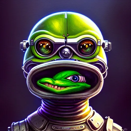 Prompt: Portrait of happy pepe with a spoon wearing futuristic power armor, fantasy, intricate, highly detailed, digital painting, trending on artstation, sharp focus, illustration, style of Stanley Artgerm and Greg Rutkowski and Dan Mumford