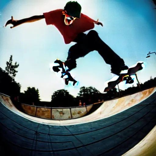 Image similar to award winning color photo of, Tony Hawk, skateboarding, doing a 900, in the 1986 vert contest, fisheye lens, detailed faces, detailed skateboard, 8k, balanced composition