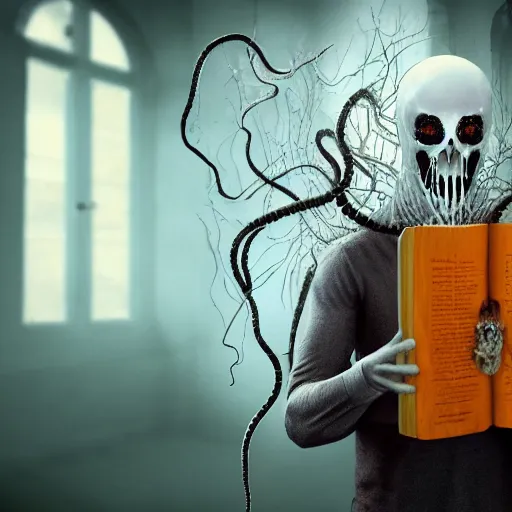 Prompt: a transparent human man ghost is reading a scary book that has come to life with sharp teeth and slimy tentacles emerging from the pages, photo, colorful, artstation, unreal engine, 8K, CGSociety, realistic materials, intricate details, photo-realistic, postprocessing, 4k ultra HD photograph